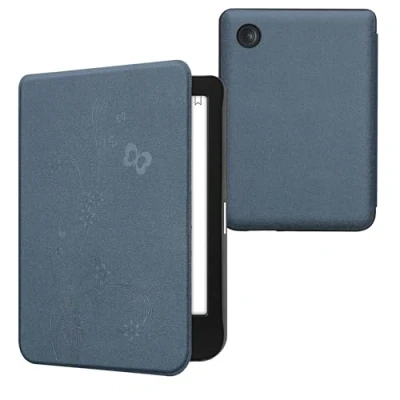 Afbeelding van kwmobile E reader hoesje geschikt voor Kobo Clara BW / Colour hoes flip case met magnetische sluiting Ereader cover Stengels en Vlinder design in donkerblauw