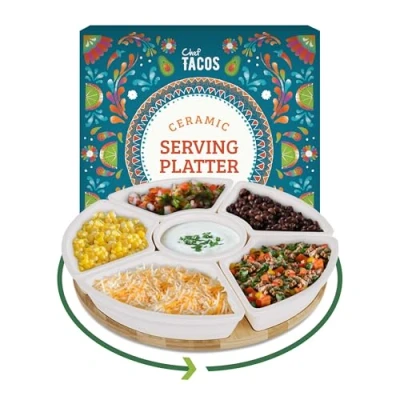 Afbeelding van Chef Tacos Keramische Taco Serveerschaal Verdeelde Dienblad voor Tuesday Lazy Susan Bar Chip en Dip Serveerset Feest Voorgerecht Salsa, Snacks Tray 26 cm