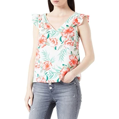 Afbeelding van ONLY Dames Onlsylvie Life Fr S/S Frill Top Ptm, Cloud Dancer/Aop: jungle, S