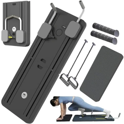 Afbeelding van EFGETD Pilates Reformer Machine Board Set Ab Roller Oefenwiel Automatische Rebound Opvouwbare Buikoefening Apparatuur met Weerstandstouw en Timer (Zwart2)