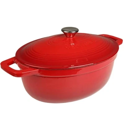 Afbeelding van VeoHome Geëmailleerde Gietijzeren Stoofpot 6L Ø28cm Rood Ovale, Duurzame Braadpan, Geschikt voor Inductie/Gas/Oven, Gelijkmatige Warmteverdeling, Authentieke Smaak, Deksel met Reliëf