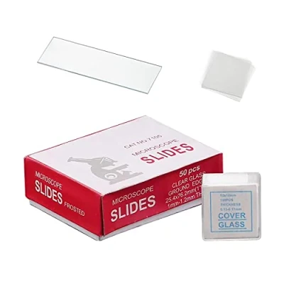 Afbeelding van SyiXute Microscoopglaasjes en afdekglaasjes, 50 stuks glijbanen met grondrand 76 x 25 mm 100 voorgereinigde afdekglazen 18 voor basisonderwijs biologisch wetenschappelijk onderwijs