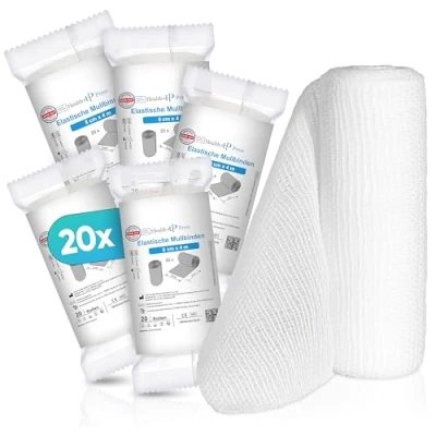 Afbeelding van Health Press® Mullverband verbandmateriaal (8 cm x 4 m) 20 rollen elastisch verband medisch hulpmiddel dermatologisch geteste fixeerverband, ideaal voor eerste hulp en wondverzorging