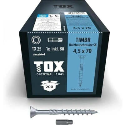 Afbeelding van TOX Houtbouwschroeven TIMBR SK 4,5 x 70 mm, blauw verzinkt met verzonken kop, TX25, schroeven voor gemakkelijk indraaien en vlakke montage in houtbouw, 200 stuks doos, incl. 1x bit, 112040414570