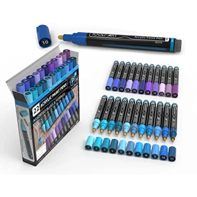 Afbeelding van 22 Acrylverf Markers Verfpennen Pro Color Series Set 3mm Medium Tip voor rotskunst, glas, hout, plastic, metaal, canvas. Niet giftig, op waterbasis, sneldrogend (BLUE)
