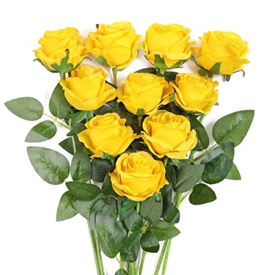 Afbeelding van JUSTOYOU 10 stuks gele rozen, kunstzijden bloemen, rozen met stelen, doe het zelf, bruiloft, boeket, thuis, kantoor, bruiloftsarrangementen (geel)