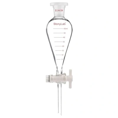 Afbeelding van stonylab Afgestudeerde Scheidingsfunnel, Zware Wand, Peervormig Conisch van Borosilicaatglas, met PTFE Kraan en Plastic Bovenstop, 60 ml