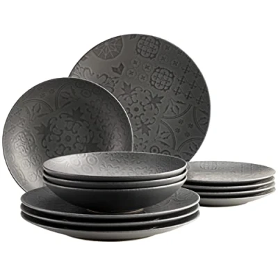 Afbeelding van MÄSER 935076 Serie Tiles Vintage tafelservies voor 4 personen in Moorse stijl met modern matglazuur, 12 delig keramisch servies, bordenset, aardewerk, zwart