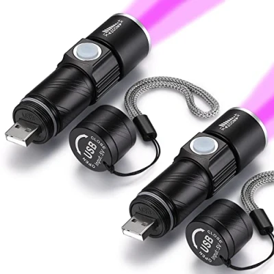 Afbeelding van DARKBEAM UV Zaklamp 395nm Woods Lamp USB Oplaadbare, Mini LED Ultraviolet Zwart Licht Zaklampen Zoombaar Blacklight Detector voor Huisdier Urine, Vlekken, Amberkleurig, Genezen Epoxy Resin (2 Pak)