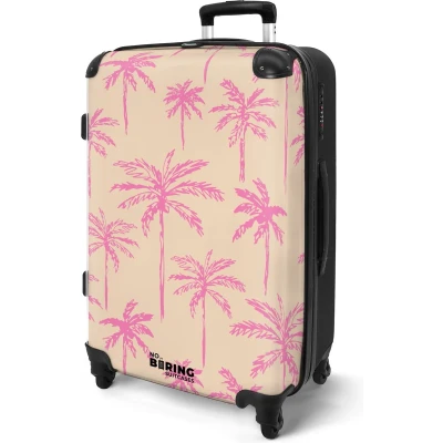 Afbeelding van NoBoringSuitcases.com® Koffer groot Rolkoffer lichtgewicht Beige met roze palmbomen Reiskoffer 4 wielen Grote trolley XL 20 kg bagage