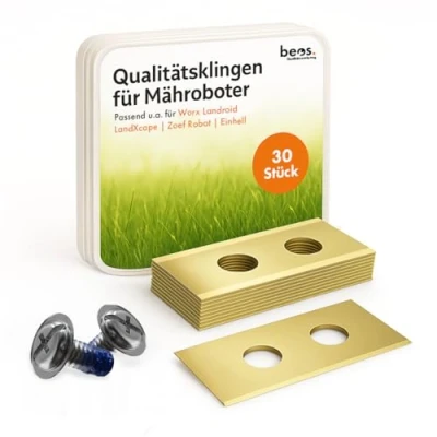 Afbeelding van BEOS® 30 x premium titanium reservemessen + schroeven met zekering voor merken Worx, LandXcape, Zoef Robot, Einhell, Kress 0,9 mm bladdikte lang grasmaaierplezier