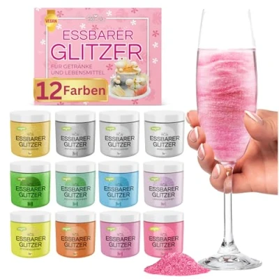 Afbeelding van He Ju eetbare glitters voor dranken en levensmiddelen, 12 x 3 g, Edible Glitter, zonder E171, veganistisch, glutenvrij, lactosevrij, suikervrij, perfecte glitter elke gelegenheid
