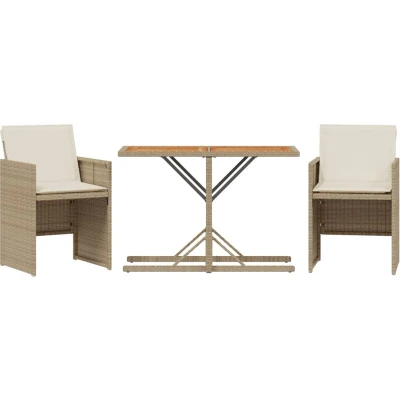 Afbeelding van 3 delige Bistroset met kussens poly rattan beige