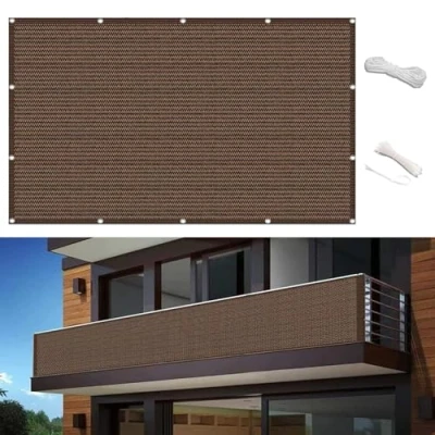 Afbeelding van Balkonscherm 80 x 400 cm Uv Bescherming met Touw Kabelbinder Balkon Inkijkbescherming Patio Privacy Screen Voor Tuin, Terras, Outdoor, bruin