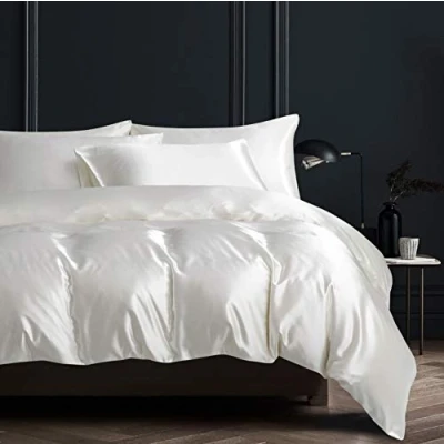 Afbeelding van Damier Beddengoed 200 x cm wit satijn glanzend dekbedovertrek set 3 delig luxe hotelkwaliteit met ritssluiting en 2 kussenslopen 80