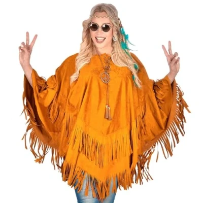 Afbeelding van Widmann Wilde Westen Kostuum Poncho Met Franjes Prairie Hippie Bruin One Size Carnavalskleding Verkleedkleding