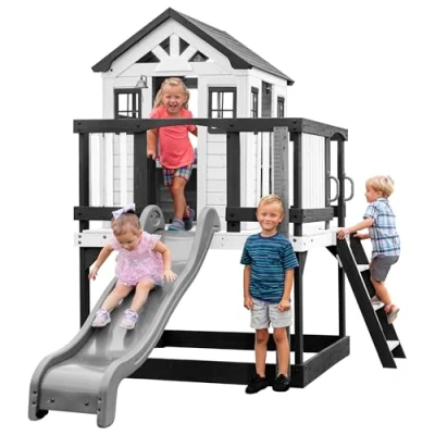 Afbeelding van Backyard Discovery Sweetwater Heights Speelhuis op palen met groene glijbaan, speelkeuken, zandbak &amp; veranda