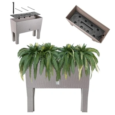 Afbeelding van KADAX Bloempot op poten, verhoogd bloembed van kunststof in 2 maten, plantenbak rotanmotief, bloembak voor tuin, balkon, terras, plantenbak, kruidenbed, 80 cm, beige