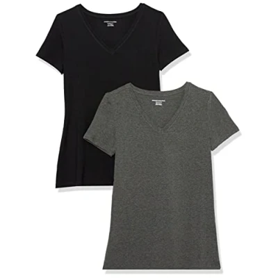 Afbeelding van Amazon Essentials Women&#039;s T shirt met korte mouwen en V hals in klassieke pasvorm, Pack of 2, Houtskoolzwart/Zwart, S