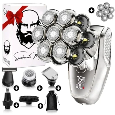 Afbeelding van 6 in 1 Scheerapparaat Mannen + Extra Scheerkop Trimmer Tondeuse Sansbeauté® SkullSharp MAX Electric Face &amp; Head Shaver Shave Hoofd Kaal Scheren Nat Droog Elektrisch