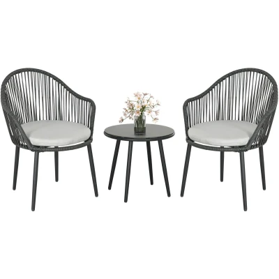 Afbeelding van Outsunny 3 delige Rattan Tuinmeubelset, Loungeset met 2 Tuinstoelen, Bijzettafel Gehard Glasblad, Kussens, voor Balkon, Terras, Staal, Donkergrijs.