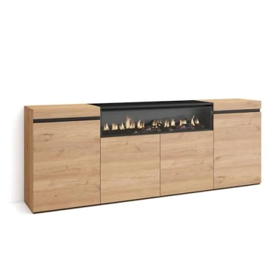 Afbeelding van Skraut Home Sideboard, Highboard Commode, Commodekast 200x75x35cm 4 deuren Elektrische open haard. Afmetingen Moderne stijl eiken zwart