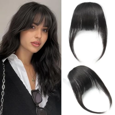 Afbeelding van Echte Mensenhaar Pony Platte Clip In Haarextensies Fringe Haar met Tempels, Natuurlijke Zwarte Kleur