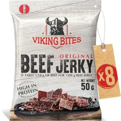 Afbeelding van Viking Bites Beef Jerky Original 400g (8 x 50g) Getrocknetes Rindfleisch Fleischsnack mit hohem Proteingehalt