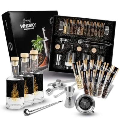 Afbeelding van DIBYS DIY Whisky Kit inclusief 12 natuurlijke Botanicals &amp; Accessoires Whiskey Infusie Set als mooi Cadeau Proef Bouw Pakket met 4 Recepten Doe Het Zelf Maak