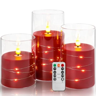 Afbeelding van Vlamloze kaarsen, rood licht String batterij met ingebedde Lights Plexiglas behuizing 3 delige LED 24 uurs timer functie, dansende vlam. (batterij niet inbegrepen)