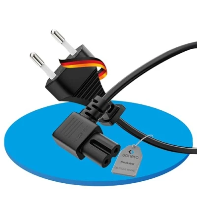 Afbeelding van sonero stroomkabel netsnoer 2 polig, 5,0 m, eurostekker type C stekker naar IEC aansluiting, C7, Euro 8 stekker, 90 graden hoek, voeding, voor tv, PS5, PS4, PS3, huishoudelijke apparaten,
