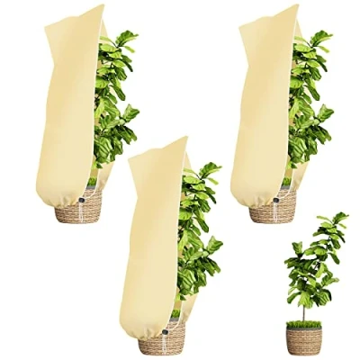 Afbeelding van Sosayet Plantenafdekking, 3 stuks, 100 x 80 cm, winterplantenzak met koord, plantenbescherming, winterbescherming voor olijfpalmen, beige