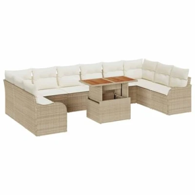 Afbeelding van vidaXL 11 delig tuinbankstel met kussens Beige Poly Rattan Acacia