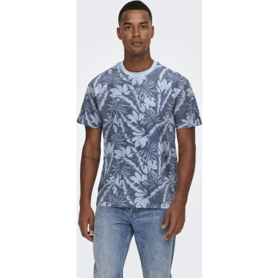Afbeelding van Only &amp; Sons Onsperry Life Reg Leaf Aop Ss Tee N 22025283 Blauw Heren The Stone