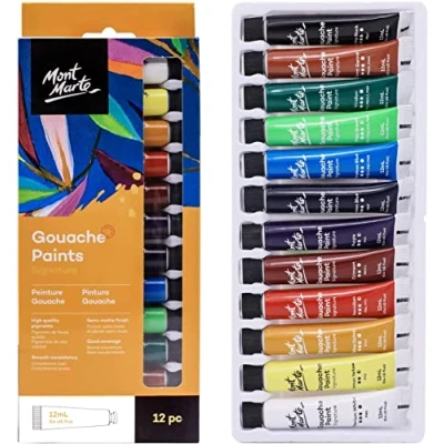 Afbeelding van Mont Marte Gouache Set 12 stuks, ml Tubes Ideaal voor Gouacheverf Briljante, lichtechte Gouachekleuren met geweldige dekking Perfect geschikt Beginners, Professionals en Artiesten