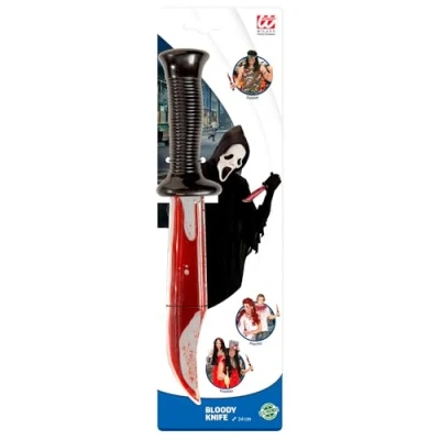 Afbeelding van Widmann 6695K bloedig mes, 34 cm, accessoires, decoratie, bloed, zwart, nepbloed, kunststof, Jack the Ripper, psycho, Halloween, carnaval, themafeest