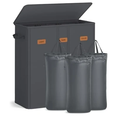 Afbeelding van SONGMICS Wasmand met 3 vakken, 160 L, deksel, 5 labels, uitneembare en wasbare binnenzak, wasruimte, slaapkamer, donkergrijs RLH013G01