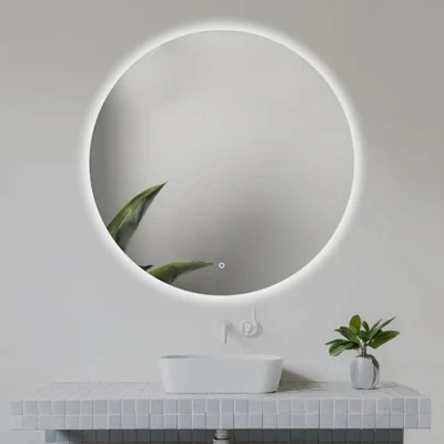 Afbeelding van Venti 80 cm Ronde Badkamerspiegel met LED Verlichting, Aanraakschakelaar, Circulaire spiegel natuurlijk witte achtergrondverlichting.