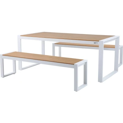 Afbeelding van AXI Tony Tuinset met 2 losse Banken in Wit Teak look Polywood Tuintafel / Picknicktafel van Aluminium