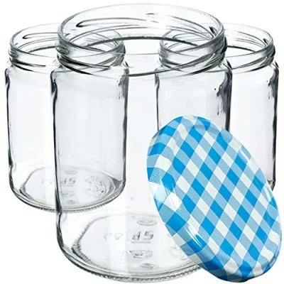 Afbeelding van KADAX Weckpotten, 540 ml, inmaakpotten voor schroefdeksel, jampot, voorraadpot, conservenglas, ronde glazen (blauw geruit, 8 stuks)