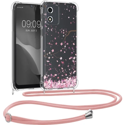 Afbeelding van kwmobile telefoonhoesje geschikt voor Motorola Moto E13 Hoesje met telefoonkoord Back cover smartphone Case in poederroze / donkerbruin transparant