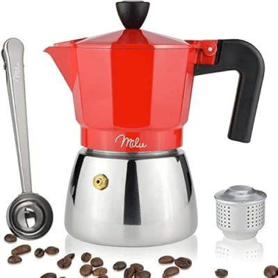 Afbeelding van Milu Espressomachine, geschikt voor inductie, 3, 6, 9 kopjes, aluminium mokkakan, roestvrijstalen espressokan, espresso maker set incl. lepel, borstel (rood, 3 kopjes (150ml)