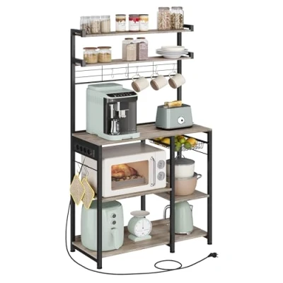 Afbeelding van VASAGLE keukenplank, staande plank met stopcontacten, magnetronplank, koffiebar, bakkersplank, 8 S haken, mand, kruidenrek, greige gemêleerde inkt zwart KKS031K12