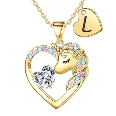 Afbeelding van TINGN Eenhoorngeschenken Voor Meisjes 14 Karaat Vergulde Eenhoornketting Met Hart En Letters Kinderen, Sieraden Verjaardagscadeau