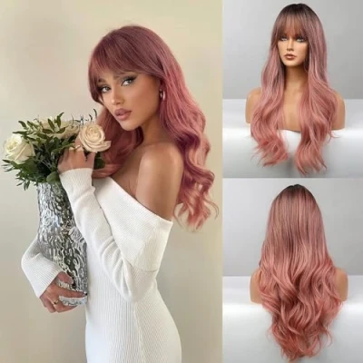 Afbeelding van Honygebia Roze Pruiken met pony Lange Ombre voor Vrouwen, Lichtgolvend Hittebestendig Haar Roze, Synthetisch Donkerwortel Natuurlijk Uiterlijk Beste Halloween/Kerst/Feest