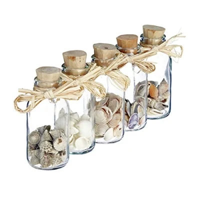 Afbeelding van flesjes met schelpen set van 5 glazen potjes decoratie badkamer