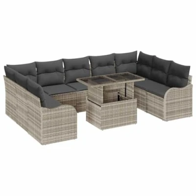 Afbeelding van vidaXL 10 delige tuinsofa set met kussens Lichtgrijs Poly Rattan