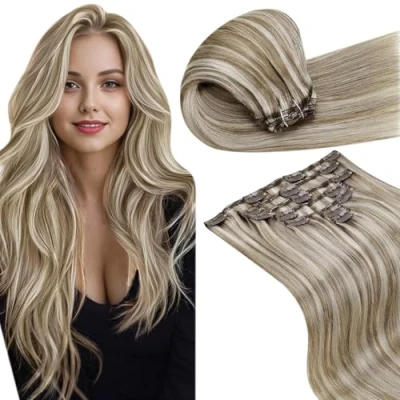 Afbeelding van LaaVoo Clip in Hair Extensions Human 7pcs 120g 18Inch Lichtbruin en Wit Blond Gemarkeerde Haarextensies Remy Naadloze Dubbele Weft #p8/24