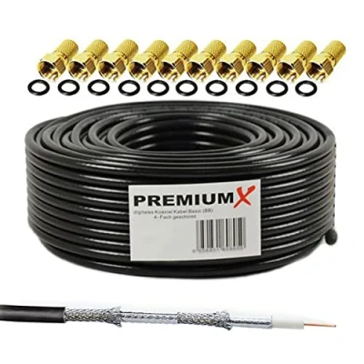 Afbeelding van Premium X BASIC coaxkabel, zwart, 135 dB, 4 voudig afgeschermd, CCS, SAT, tv coax, antennekabel, satellietkabel, 10x F stekker