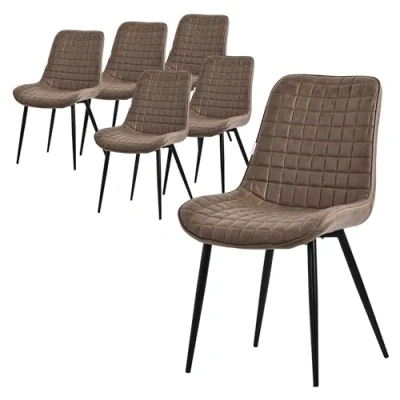 Afbeelding van Eetkamerstoel set van 6 bruin met kunstlederen bekleding en stalen poten Keukenstoel rugleuning ML design